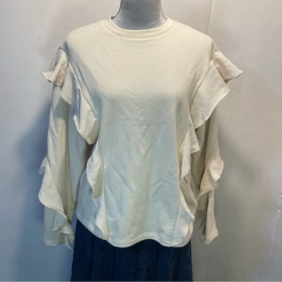 #0248 N WOT A New Day Cream Ruffle Accent Long Sleeve Sweatshirt-S - Picture 1 of 7